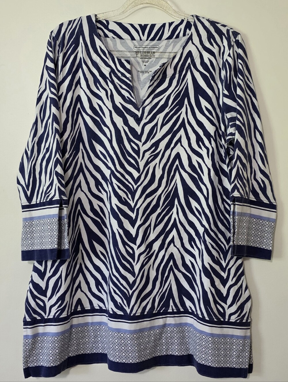 Women's Coolibar St. Lucia Tunic Blue White Zebra Print 3/4 Sleeve UPF 50 Medium